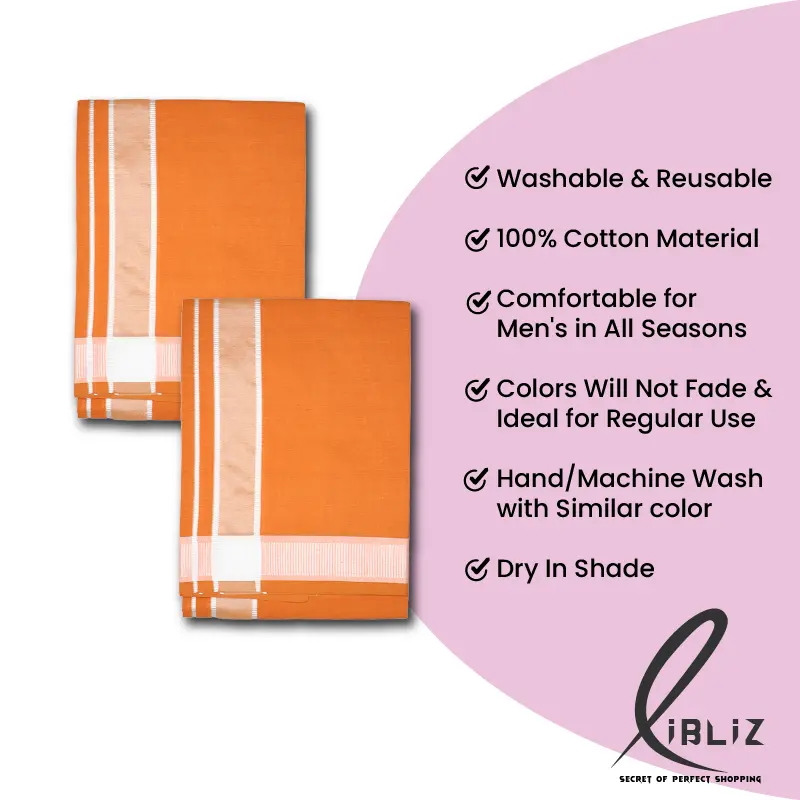 100% Cotton Colour Dhoti (Kavi with White border) Pack of 2 - Image 4