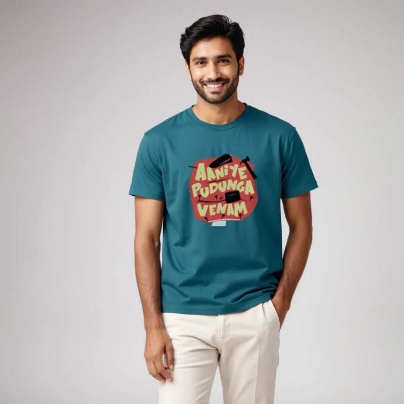 Aaniye puduga venam midnight green color regular fit T-shirts
