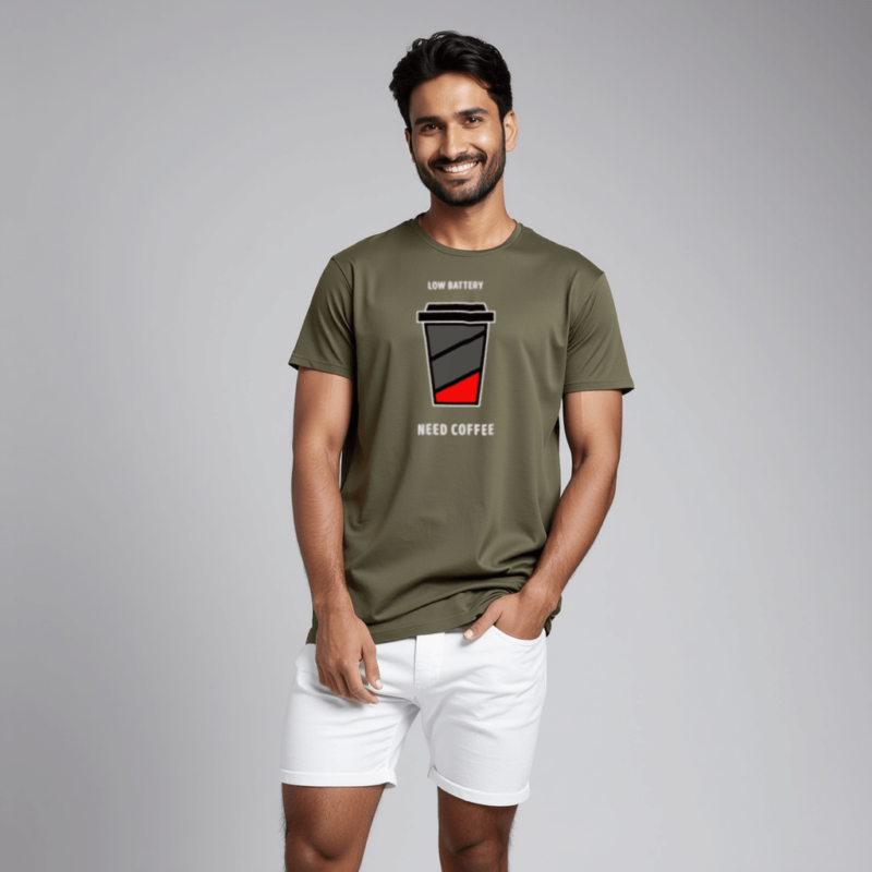 Low battery Need coffee Graphic t shirt Olive color