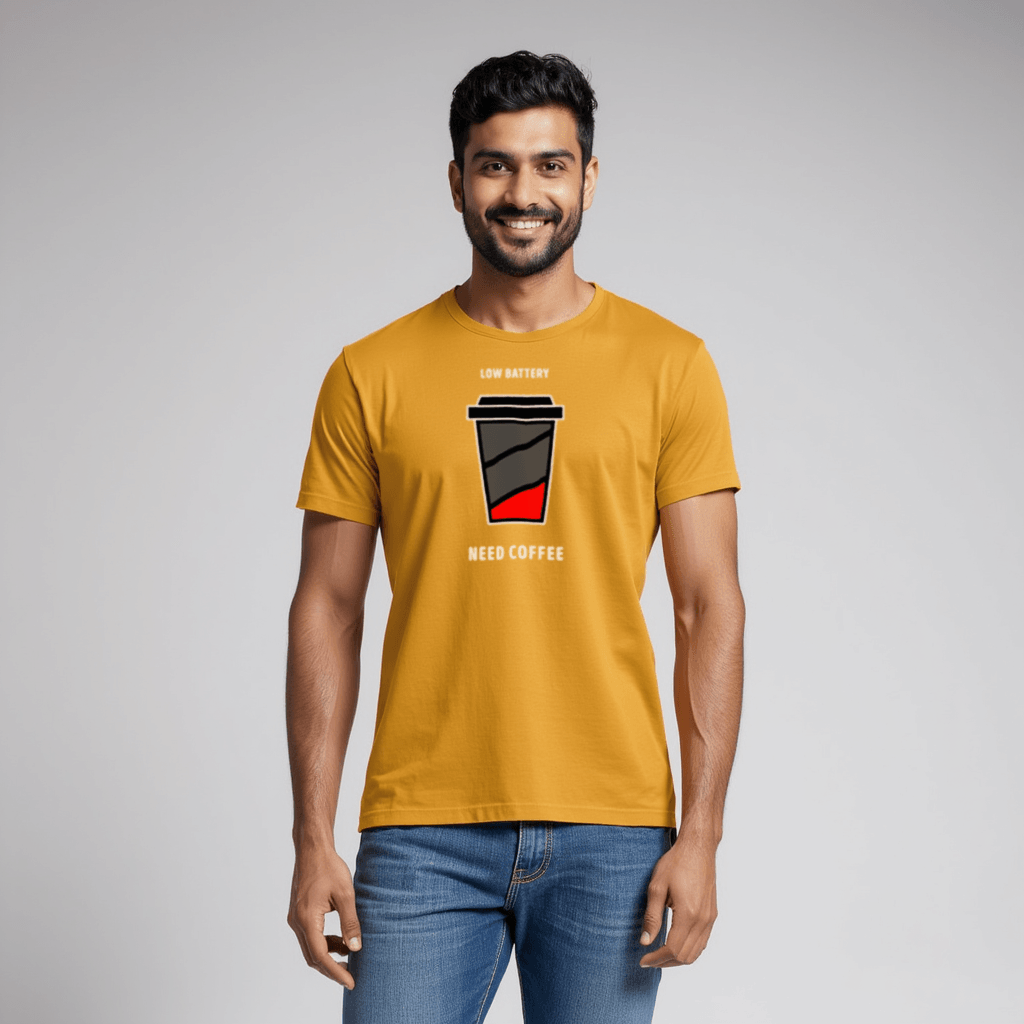 Low battery Need coffee Graphic t shirt Yellow color